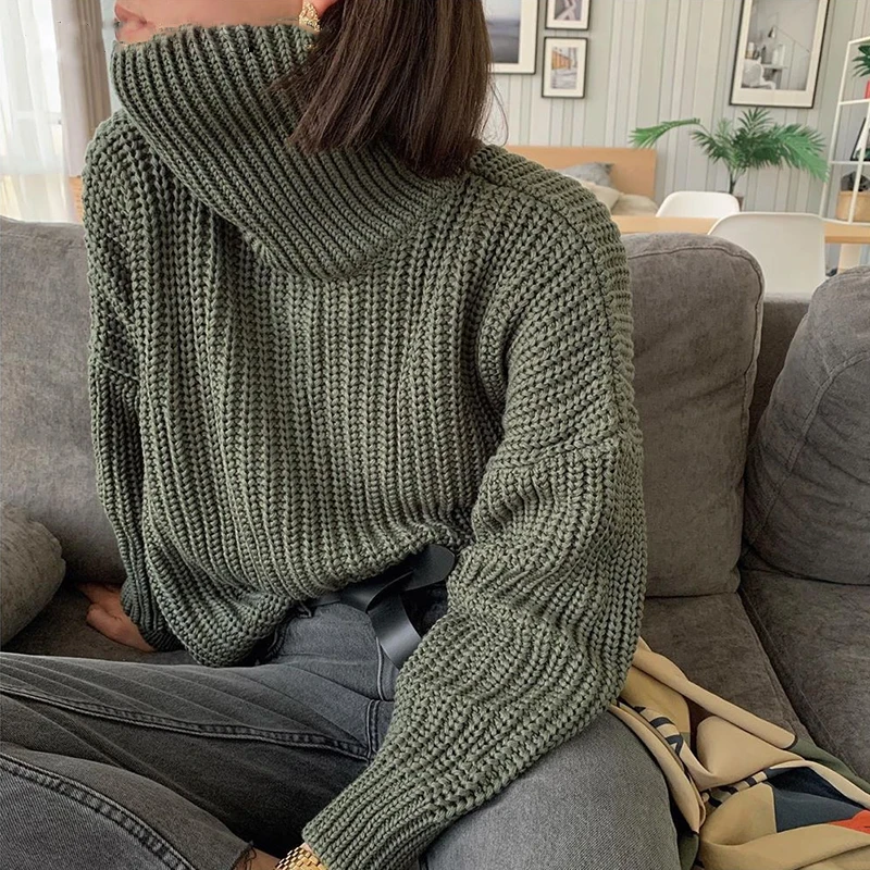 Женский однотонный кашемировый свитер, элегантный толстый теплый мягкий пуловер большого размера с высоким воротником в Корейском стиле, ...