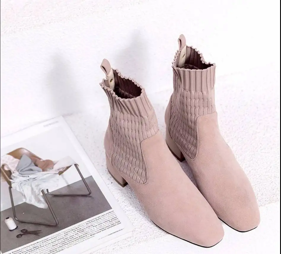 square toe pink Женские ботинки; ботильоны из флока с острым носком; зимние ботинки на квадратном каблуке; женские Ботинки martin без застежки; модель года; Цвет черный, розовый - Цвет: square toe pink