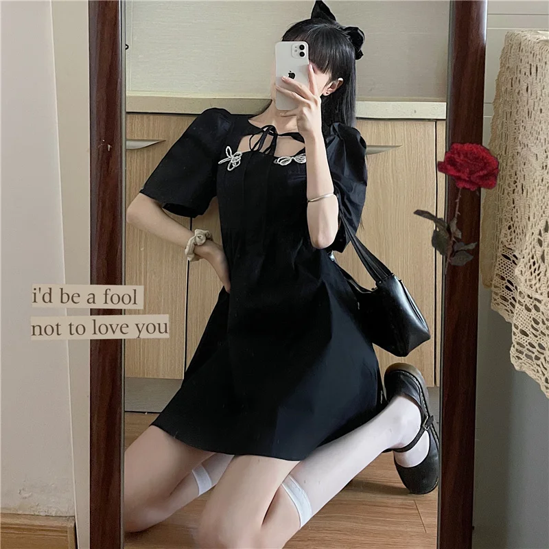 

Japanese Summer New Elegant Preppy Style Mori Girl Dress Sweet Girly Bow Hollow Out Short Sleeve Cute Tender Black Dresses