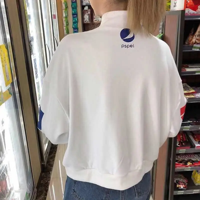 Ulzzang уличный стиль, толстовка на молнии, большие размеры, женская одежда Kpop, осень, Pepsi, графический Укороченный свитшот, женские белые топы