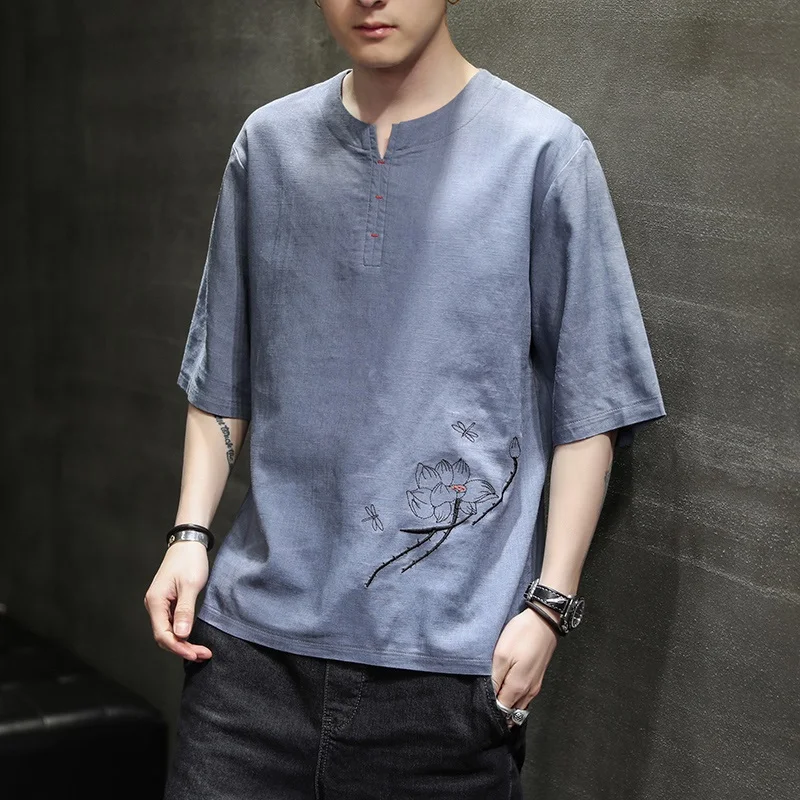 Китайский Стиль из хлопка и льна Футболка мужская футболка с коротким рукавом