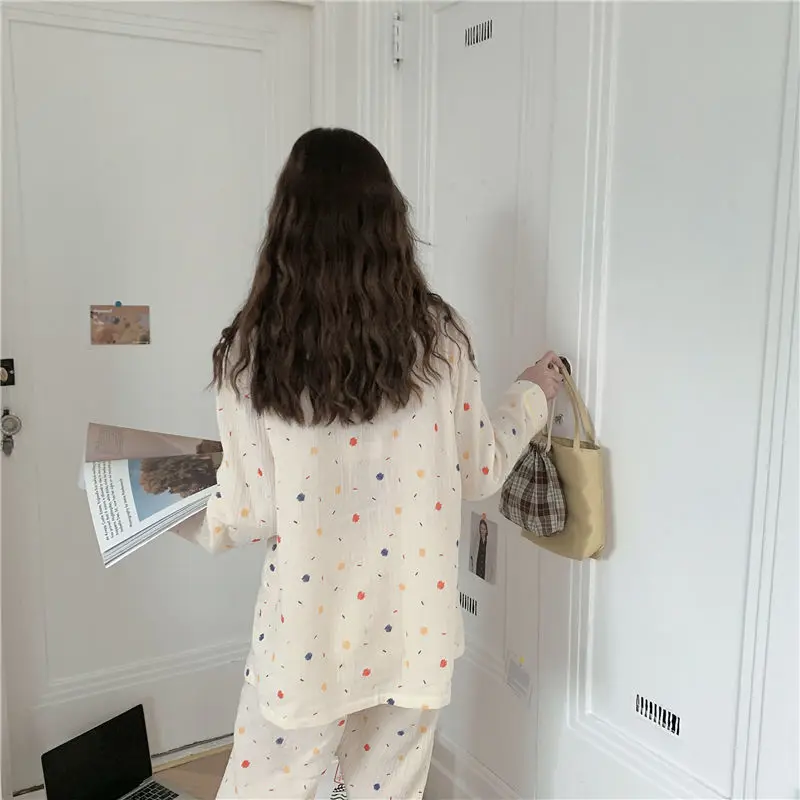QWEEK Cotton Pijama Polka Dot Women's Pajamas Korean Sleepwear Long Sleeve Autumn Female Sets Pyjamas Negligee Cardigan Suit Pjs