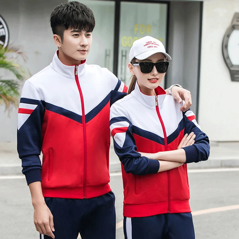 

KE new 2021 unisex sport set long-sleeved red blue 2 pieces korean silk polyester sport wear men women sportsuit woman man