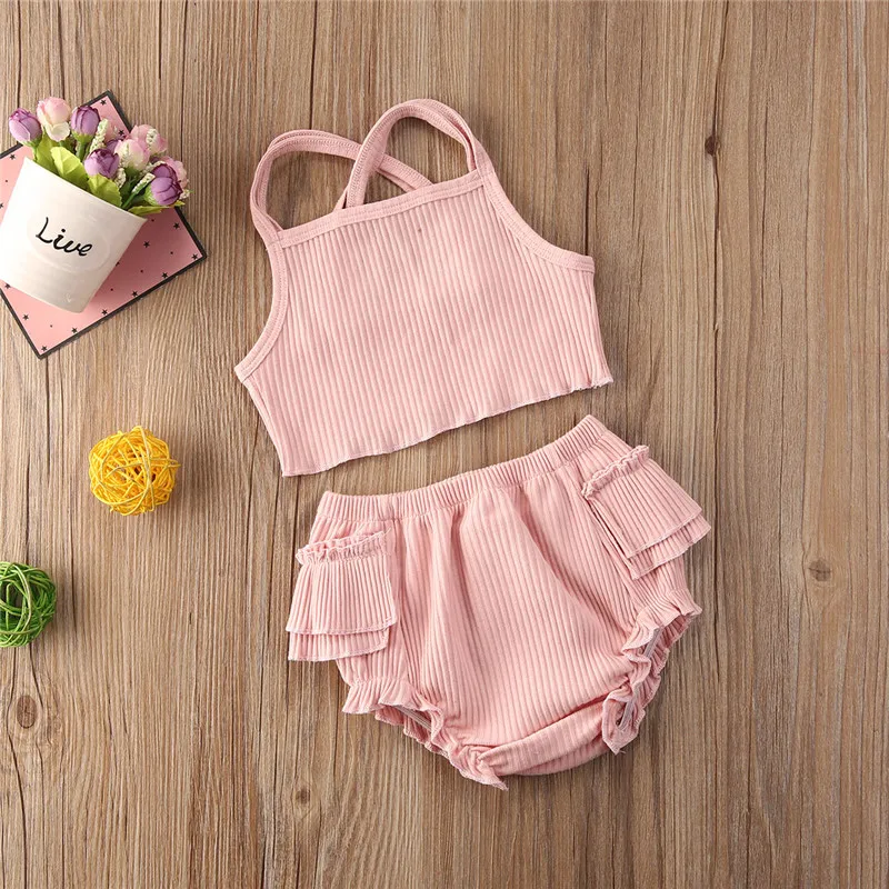 

2020 Newborn Baby Girl Cotton Clothes Girl Backless Crop Top Vest+Ruffles PP Shorts Infant Baby Girl Cotton Clothing Set 0-24M