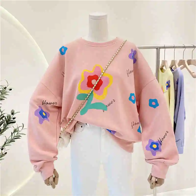 

Autumn New Women Kawaii Hoodies Cute Flower Print Sweatshirt Female Harajuku Streetwear Long Sleeve Pullovers