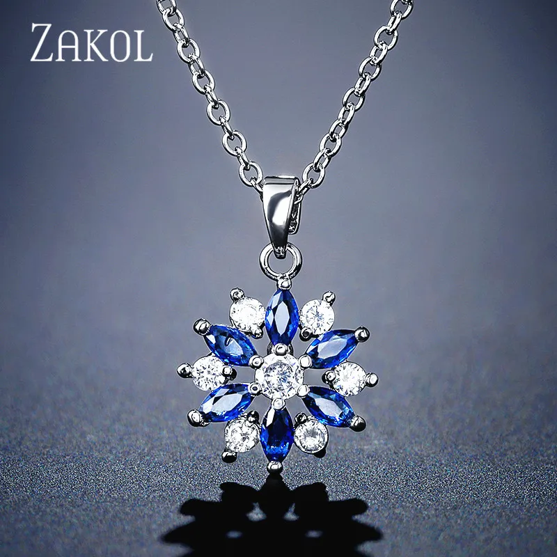 Blue ZAKOL Fashion Rose Gold Color Pendants Flower Cluster Clear Crystal Zirconia Sweet Necklaces For Women Jewelry FSNP2105 - Окраска металла: Blue