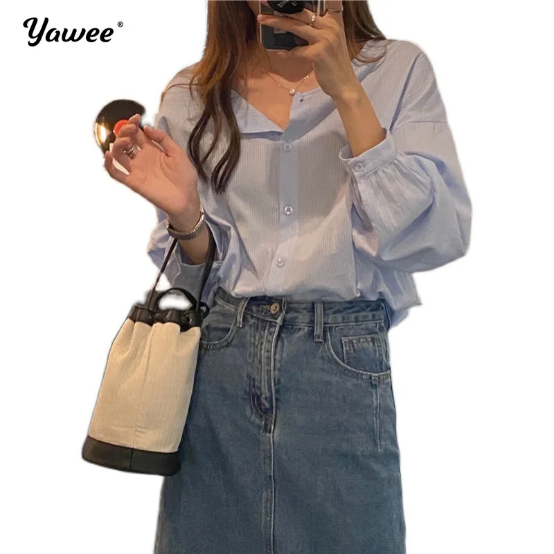 

Vintage Long Sleeve Shirt and Blouse Women solid Shirt White Ladies Tops V-neck button loose Loose Shirts Casual Blusas