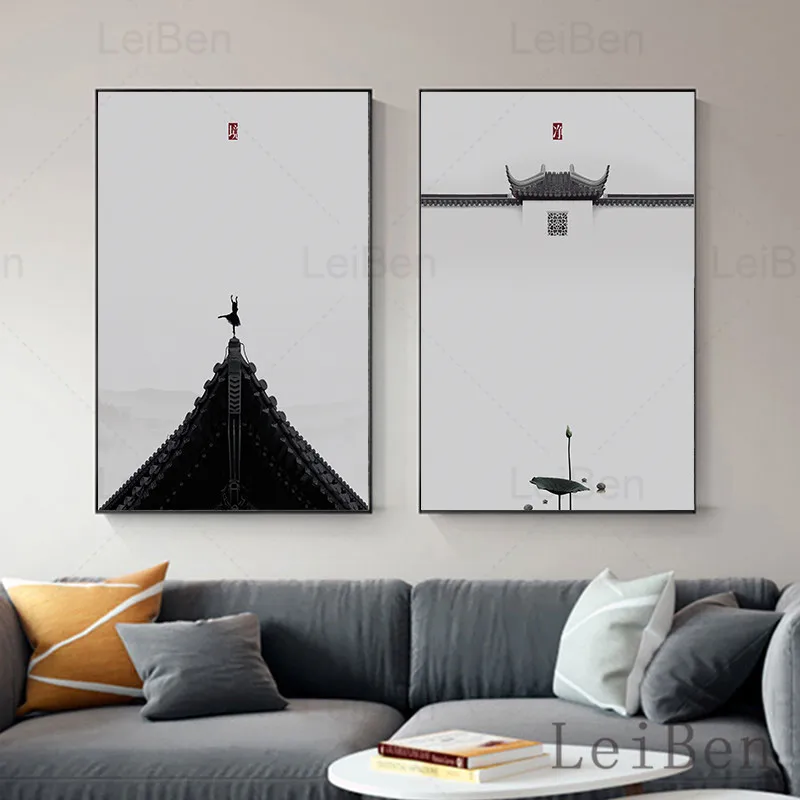 

Chinese Style Minimalist Zen Traditional Style Artistic Conception Roof Dancing Canvas Painting Art Poster for Office Decoration