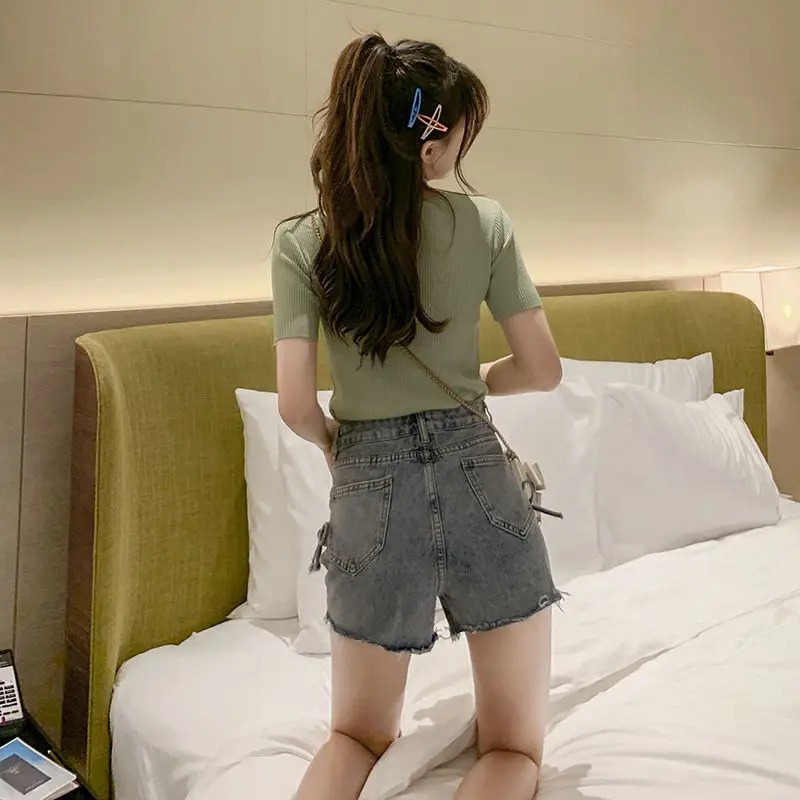 

Fitaylor New Summer Female Fashion High Waist Lace-up Bow Denim Shorts Women Casual Solid Color A-line Wide Leg Shorts