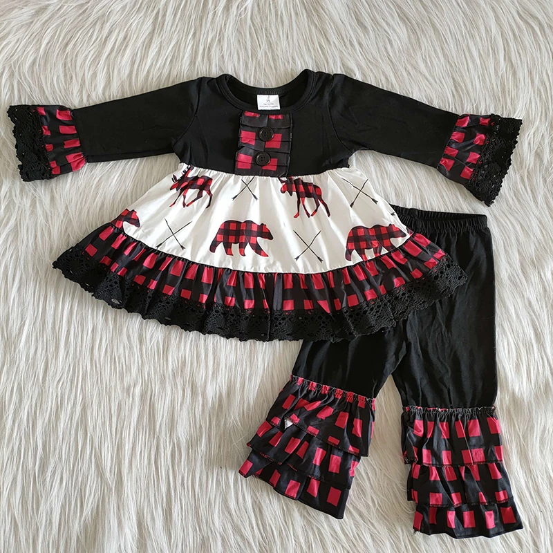 

Wholesale Boutique Baby Girls Fashionable Ruffle Plaid Bear Sleeve Shirt Christmas Reindeer Pants Sets Infant Kids Holiday