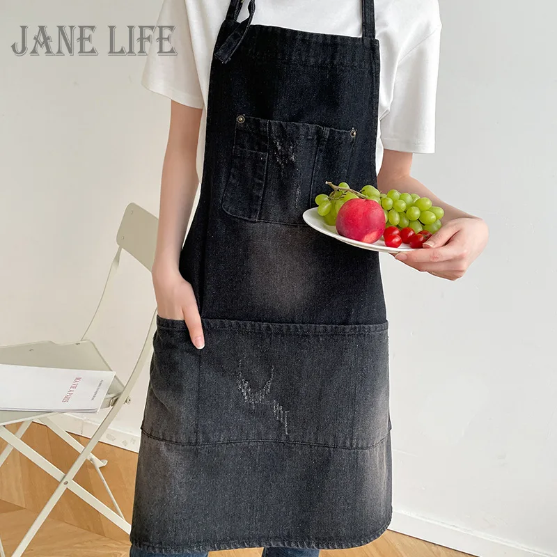 

New Korean Kitchen Apron 100% Cotton Adjustable Baking Smock Chef Cafe Washed Denim Apron Casual Style Unisex Jeans Apron