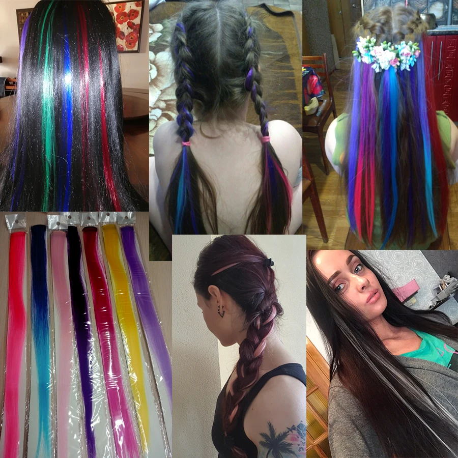 57Color Ombre Hairpiece Clip On Synthetic Fiber Straight Hair Extensions In Extension Strands Hairpins Rainbow | Шиньоны и парики