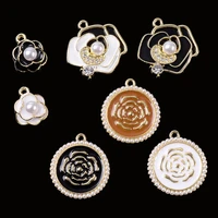 5 pcs drop oil flowers diamond studded pearls lock pendant diy buttons alloy fitting earring necklace bracelet accessories