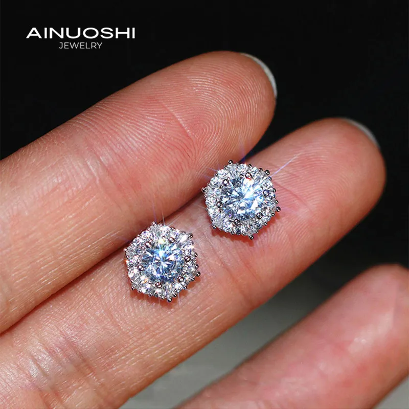 

AINUOSHI Round Cut SONA Diamond Classic Stud Earrings For Women 925 Silver Exquisite Jewelry Gift
