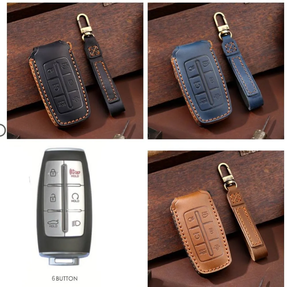 

Car 6 Buttons High Quality Leather Full Sealed Case Cover Bag Interior Parts Fit For Genesis GV70/80/90 Key Fob Remote Parts