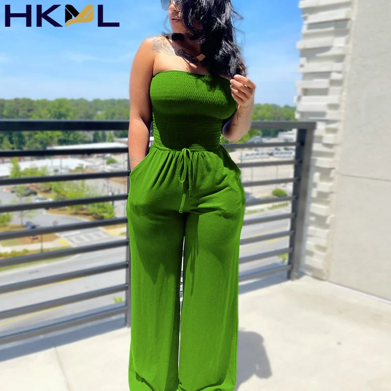 

2021 Summer Women Jumpsuit Sleeveless Belt Folds Bandeau Solid Tube Backless Fashion Sexy Fuzzy Overalls