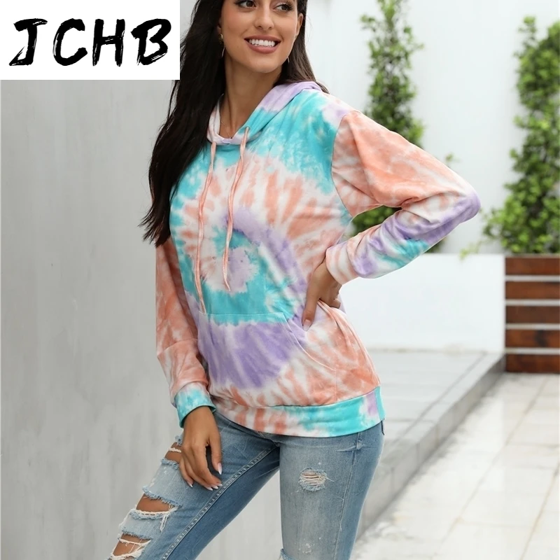 

Women Fashion Hoodies 2021 Autumn Winter Casual Drawstring Loose Tie-dyed Printed Hooded Home Long Sleeve Sweatshirts Sportwear