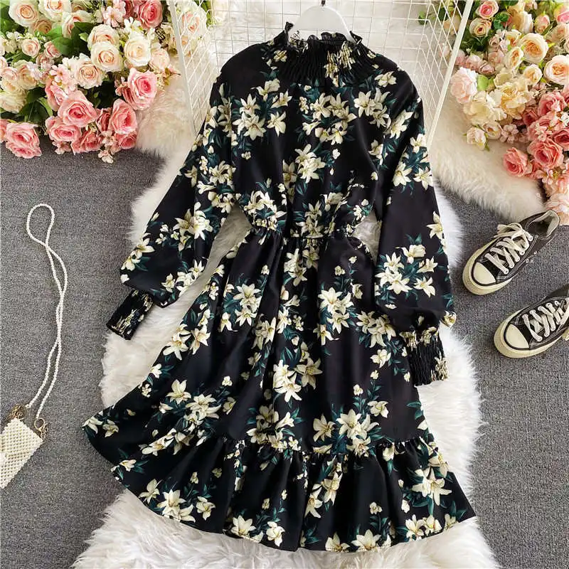 

Vintage Clothes Lantern Sleeve Floral Dresses For Women Elastic Waist Ruffles Maxi Long Party Dress Jurken Ladies Dresses C7011