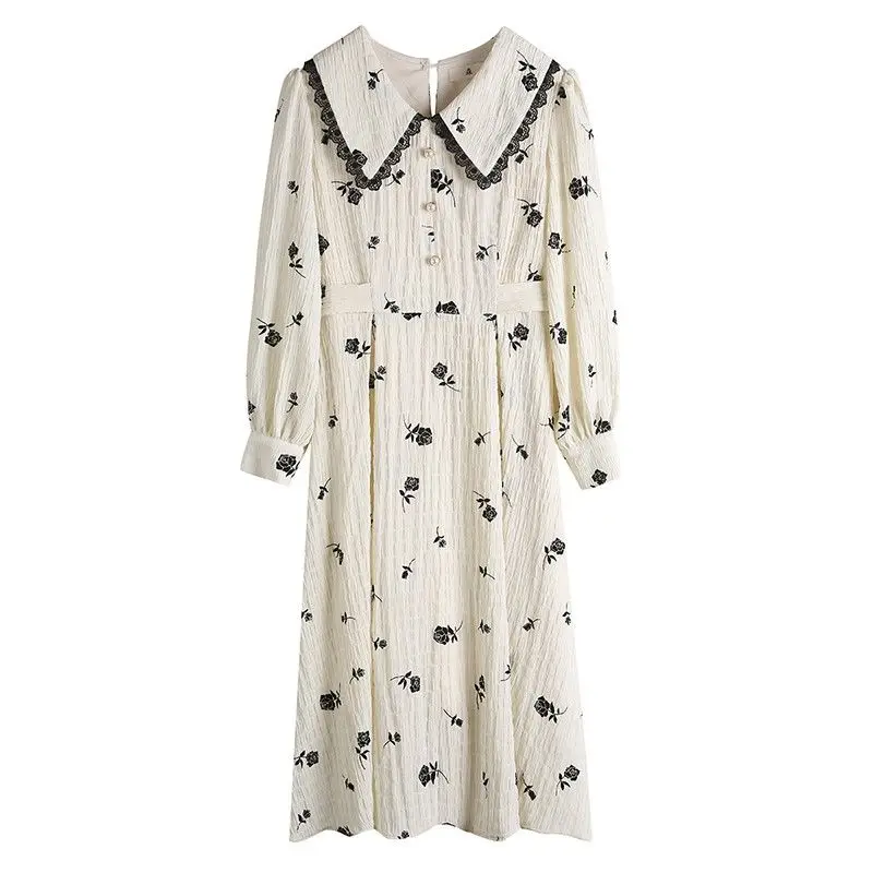 

Floral Dress Women Evening Party Casual Long Sleeve Vintage Dress Female Peter Pan Collar One-piece Dress Korean 2020 Autumn