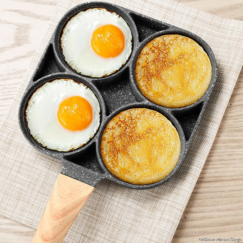 

4 Hole Frying Pan Non Stick Breakfast Burger Egg Pancake Maker Wooden Handle Stone Four Hole Omelet Pan