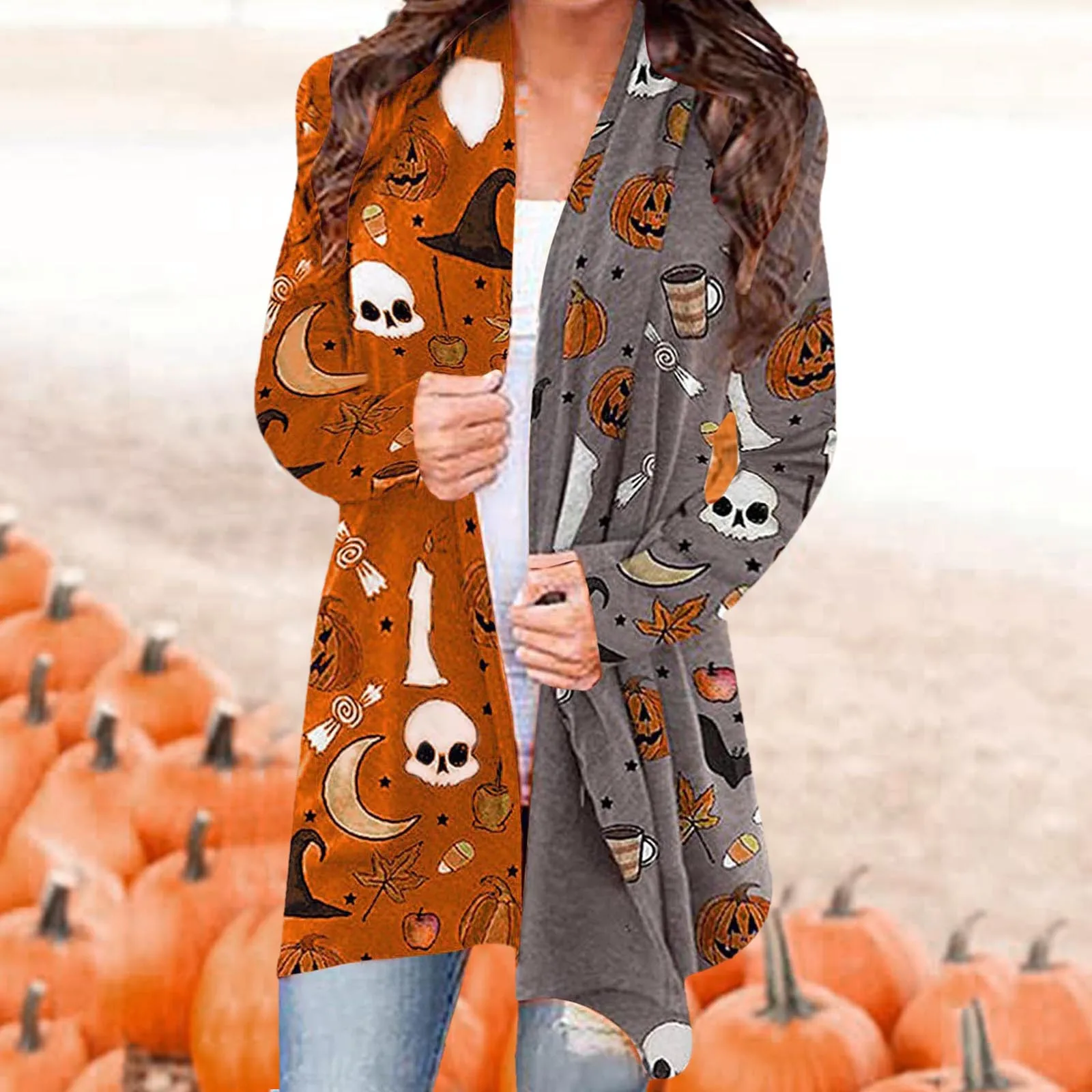 

Women's Halloween Cardigan Outerwear Trench Animal Cat Pumpkin Print Cardigan Coat Casual Feminino Coat Пальто Женское R5