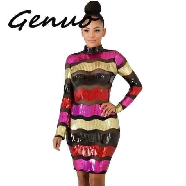 Genuo Новинка 2019 цветное Полосатое платье с блестками из прозрачной сетки