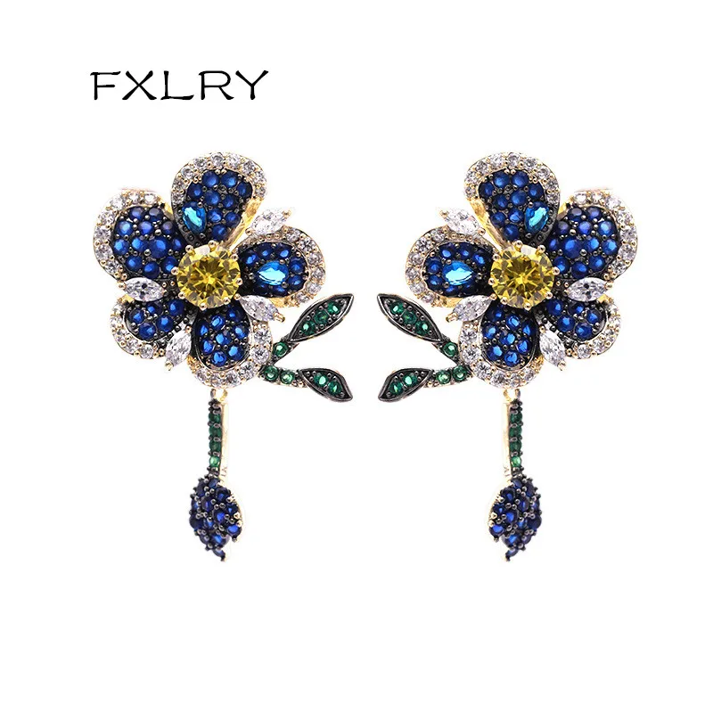 

FXLRY High Quality Colored AAA Zircon Leaf Earrings Three-Dimensional Flower Earrings For Women Wedding Jewelry