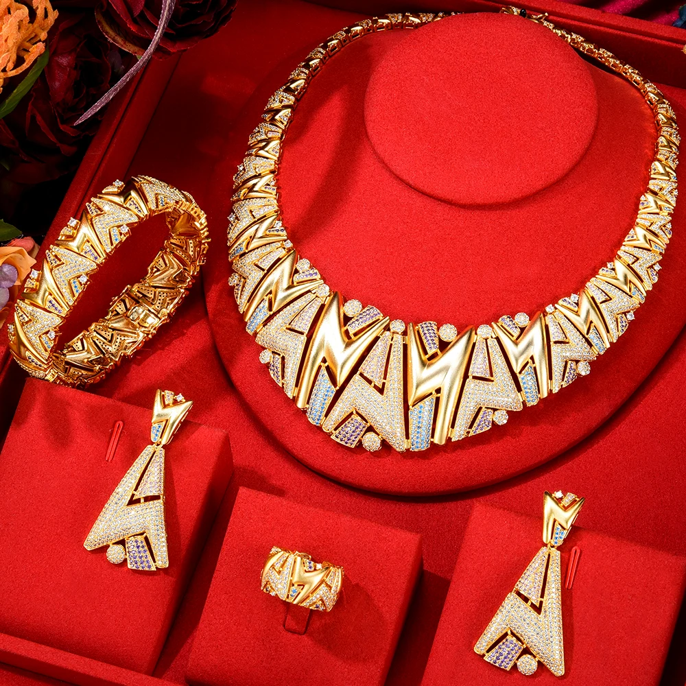 

Великолепное изысканное золотое ожерелье, серьги, браслет, кольцо, 4 шт., женский свадебный банкет, набор ювелирных изделий из циркония