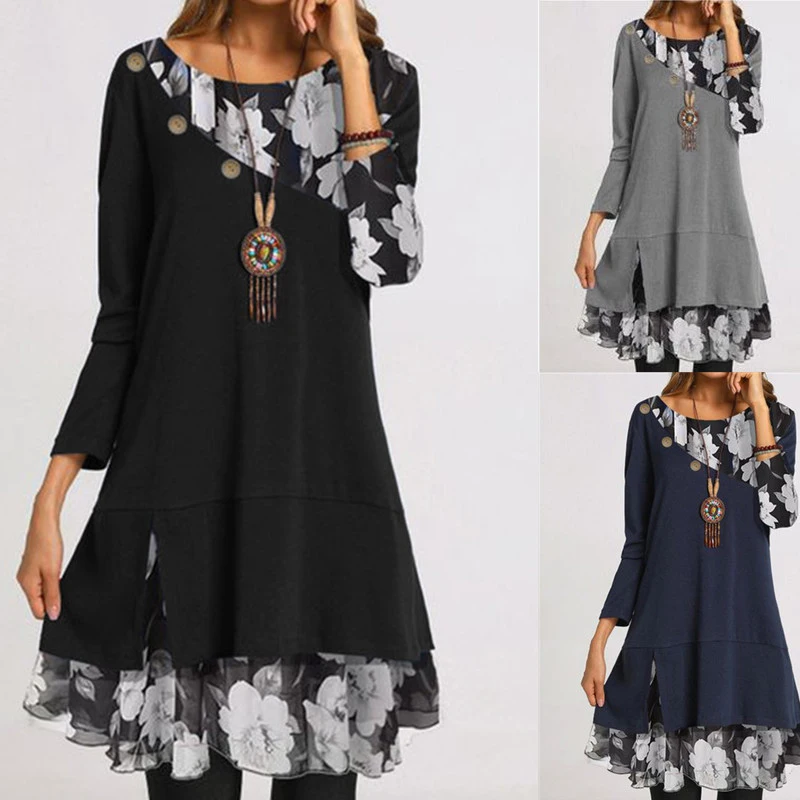 2021 Hot Selling Women Fashion Chiffon Printed Loose Plus Size Dress  Print Leisure Style Tunic Elegant Long Sleeve Dresses