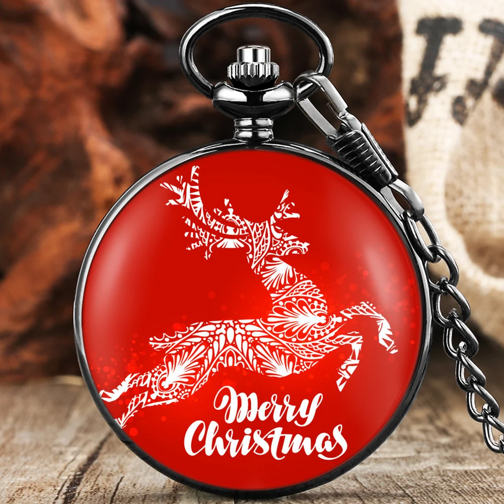 Cute Elk Pocket Watch Women's Lucky Red Quartz Watches Arabic Numerals Dial Man's Exquisite Pendant Gift Set for Boyfriend