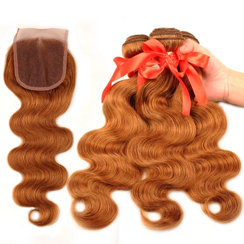 

Peruvian Hair 3 Bundles With Closure Honey Blonde #27 Colored Body Wave Human Hair Bundles With Closure No Shed remy Pinshair