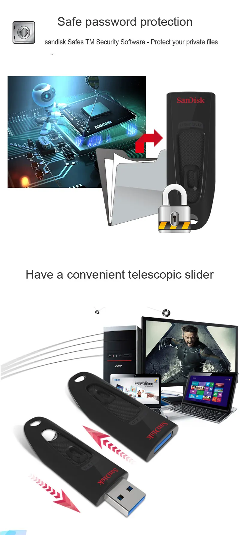 SanDisk CZ48 USB флеш-накопитель 16 ГБ 32 ГБ Флешка 64 Гб флэш-диск 128 ГБ U диск 256 ГБ USB3.0 карта памяти Чтение 100 МБ/с./с мини-флешка