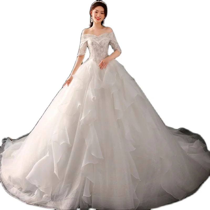 

Wedding Dress 2020 New Gryffon Luxury Half Sleeve Boat Neck Luxury 1m Long Train Lace Up Ball Gown Vestido De Noiva