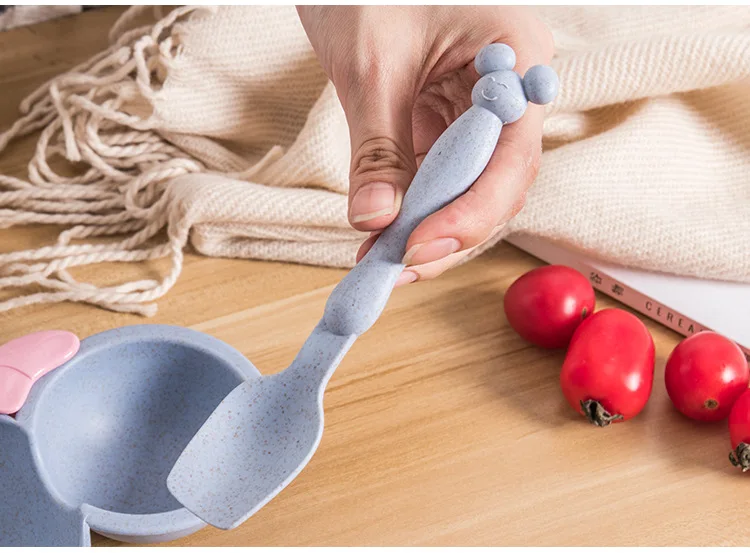Natural Wheat Straw Bowl Baby Fork Food Bowl Kids Cartoon Toddler Children Spoon Dinner Plate Set Training Tableware Feeding