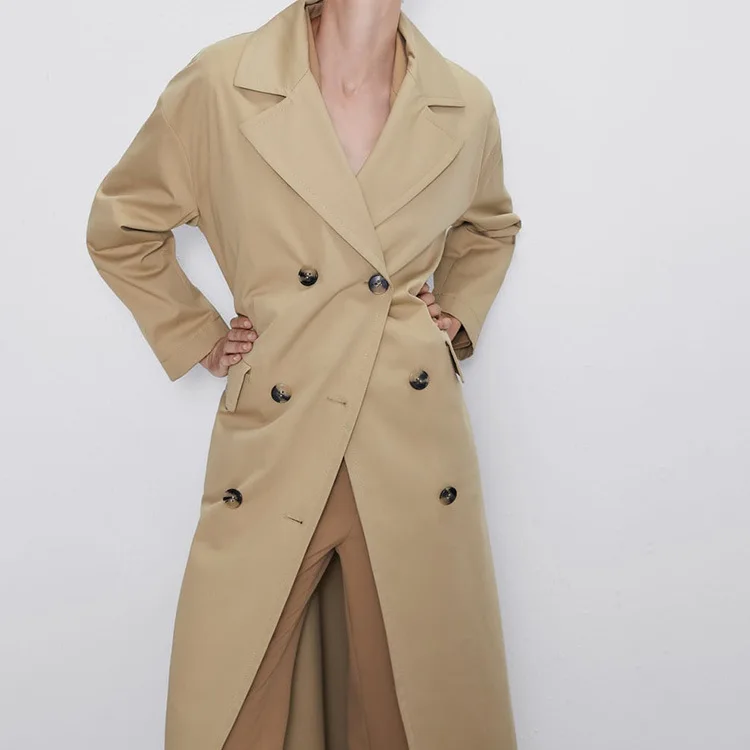 2019 ZA классический цвет хаки британский стиль Женская куртка модная двубортная с