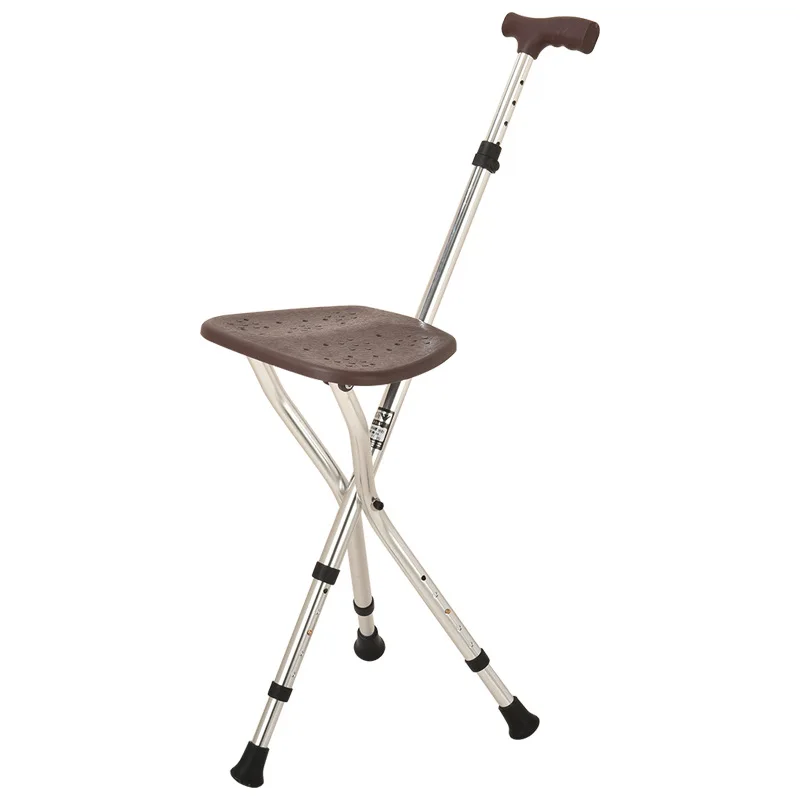 Aluminum Alloy Adjustable Height Cane Stool For Elderly, Portable/ Foldable Mountaineering With Seat/Light /Dexterous 3-Legged