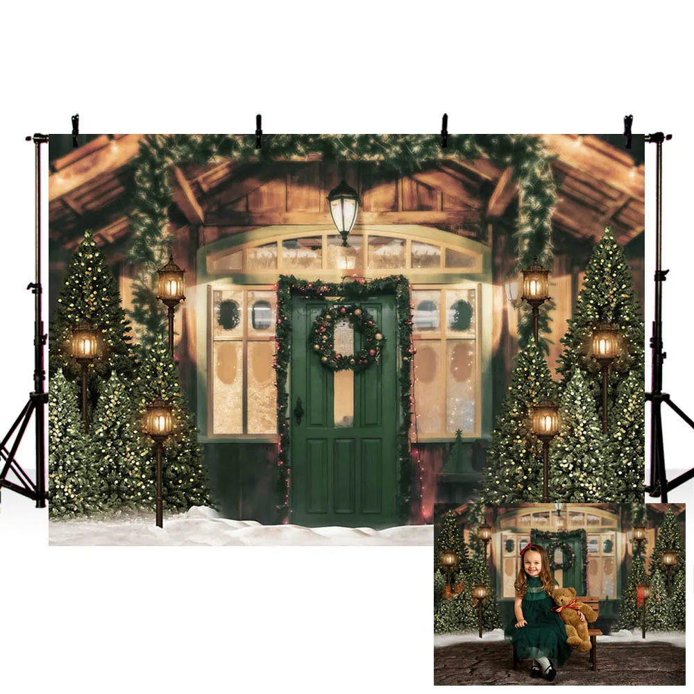 

Фон для фотосъемки с изображением рождественской елки деревянного дома