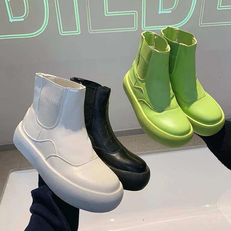 

Women Gothic White PU Leather Chelsea Boots 2021 Winter Shoes Women Gothic Punk Warm Fur Short Platform Ankle Combat Boots Green