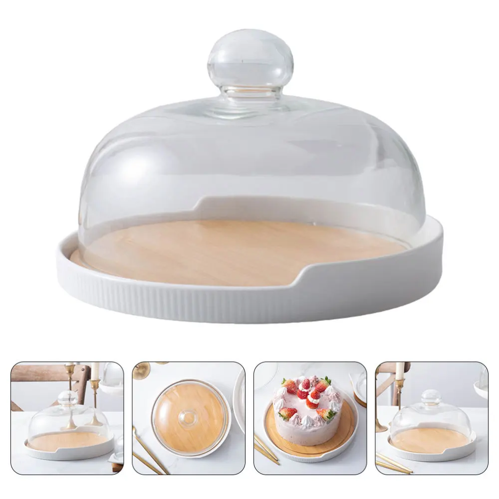 

1 Set of Glass Food Cover Wooden Tray Cake Dessert Displaying Plate with Lid