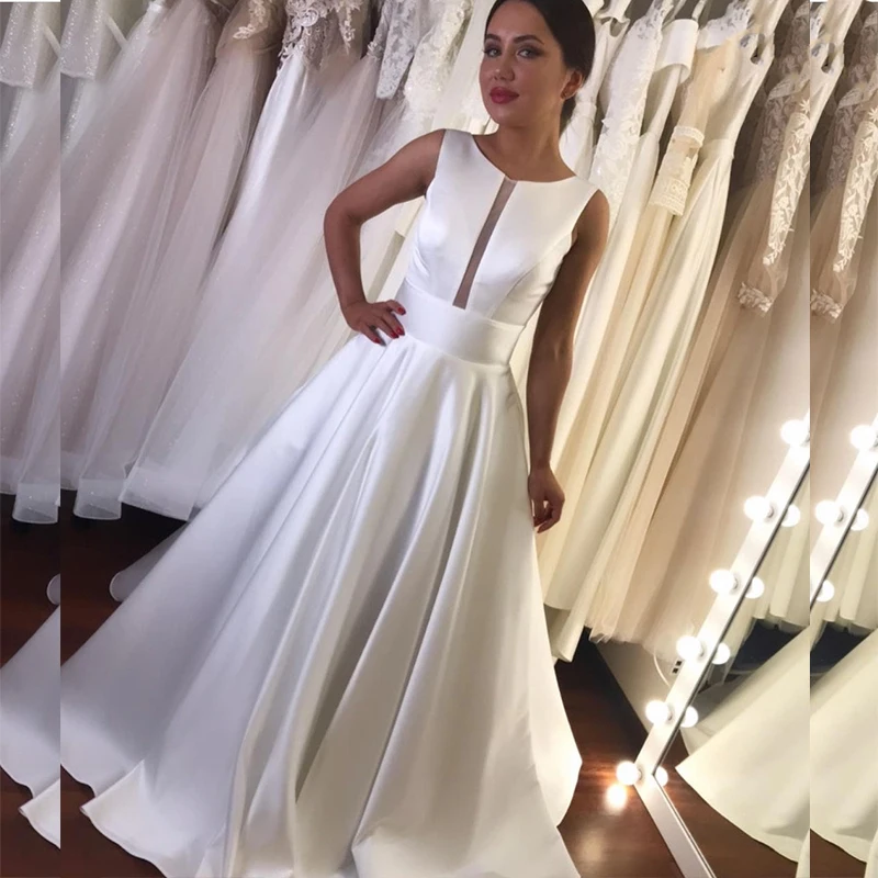 

Satin Sleeveless bridal wedding dress For Women V-Neck Elegant widely solid Belt Invisible zipper back Court Train Bridal Gown