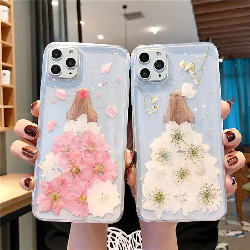 Прозрачный Модный мягкий чехол для телефона с настоящими высушенными цветами