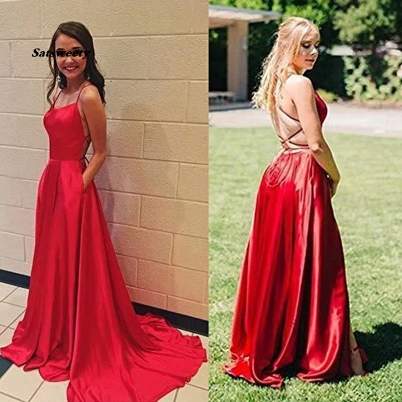 

2021 A Line Red Spaghetti Straps Open Back Prom Dresses with Slit Pockets Backless Party Gowns