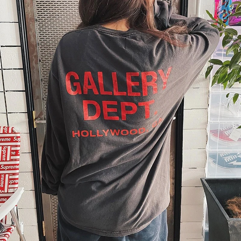 

Gallery Souvenir Long Sleeve T-Shirt Letter Print High Street Retro Washed High Quality Men and Women Cotton Long Sleeve T Shirt