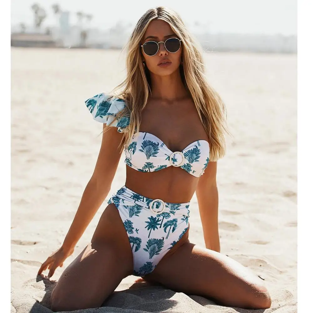 Новинка 2020 бикини с высокой талией женский купальник двойными оборками комплект