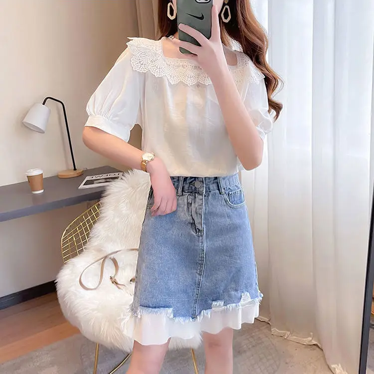 

Women 2021 Summer New Fashion Two-piece Sets Female Solid Color Chiffon Shirts Ladies High Waist A-line Denim Skirts Suits Y139