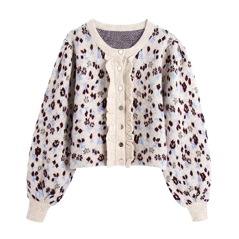 

Женский жаккардовый укороченный вязаный кардиган, винтажный свитер на пуговицах с рукавами-фонариками, шикарная верхняя одежда, 2021