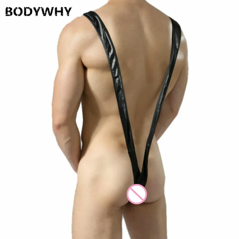 Mens Sexy Mankini Underwear Faux Leather Sexy V-shaped Swimwear Strap Bikini Beach Swimwear Men Pajamas Crotchless Underwear