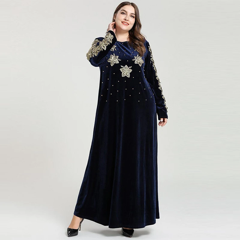 New Muslim Fashion Large Size Women's Middle East Arabic Embroidered Beaded Gold Velvet Dress Islamic Turkey Dubai Elegant Style |