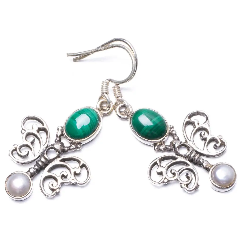 Уникальные серьги из серебра 925 пробы с натуральным малахитом и речным жемчугом