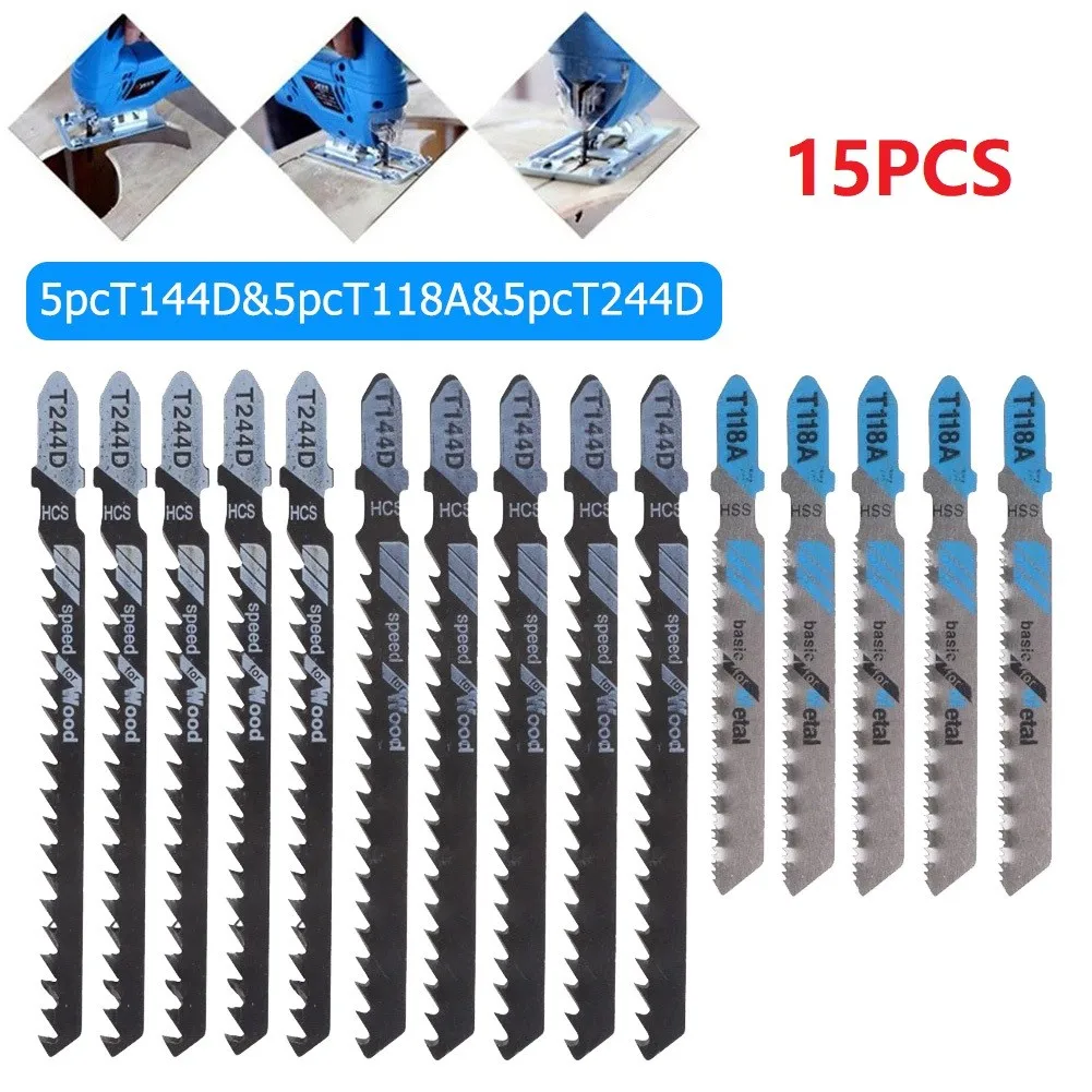 

15pcs Jig Saw Blades Assorted T-Shank Jigsaw Kit T244D/T144D/T118A 77/100mm Carbon Steel For Cutting Hardwood Special Material